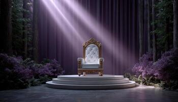 Mystical floating throne bathed in sunrays enchanted forest digital art magical atmosphere photo