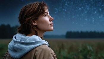 Woman gazing at stars in open field nighttime landscape serenity and solitude photo