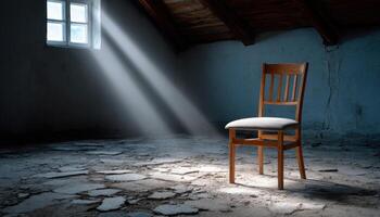 Abandoned hall with forgotten throne sunlight piercing through serene atmosphere mystical view photo