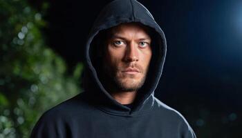 Mysterious shadowy figure in hoodie with glowing eyes at night urban setting portrait photo
