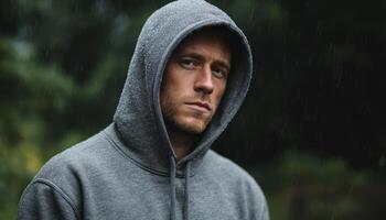 Hooded man standing alone in rain urban setting portrait photography moody atmosphere photo