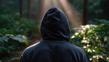 Hooded man in forest clearing at sunrise mystical light breaking through trees photo