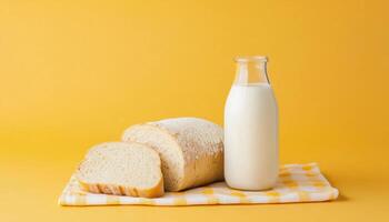 Kids breakfast scene with sliced bread and milk bottle bright yellow background food photography photo