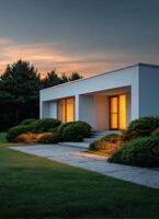 Modern minimalist white house exterior at dusk clean structure serene environment photo