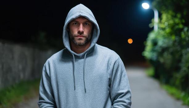 Mysterious man in hoodie standing alone at night in urban setting captured in portrait view photo