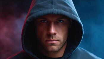 Mysterious hooded man surrounded by smoke dark studio portrait low-key lighting photo