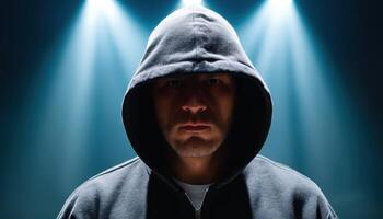 Mysterious hooded figure in dark setting with glowing lights studio portrait dramatic concept photo