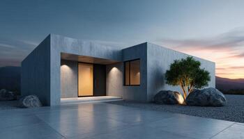 Modern angular home design with warm mood lighting in serene landscape evening view photo