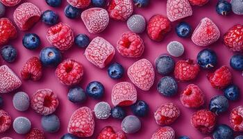 Frosted mixed berries with ice cubes on clean background food photography pink backdrop photo