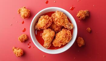 Fried chicken dipped into sauce bowl kitchen food photography vibrant red background close-up shot photo