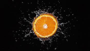 Sliced orange splashing in water black background close-up vibrant droplets freshness photo