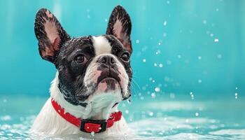 Dog shaking off water splash poolside high-resolution image vibrant environment close-up view photo