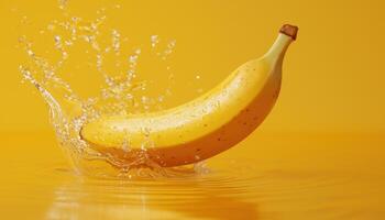 Banana chunk splashing into water vibrant yellow background dynamic action close-up view photo