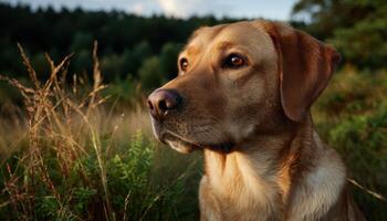 Golden meadow action dog portrait in nature warm lighting low angle view photo