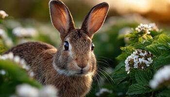 Bunny in a field of white flowers under warm sun flare nature photography outdoor scene photo