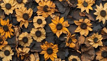 Dried sunflowers arrangement natural setting artistic composition organic disarray close-up floral beauty photo