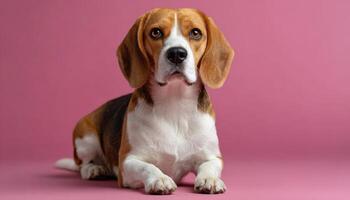 Adorable beagle dog sitting obediently on clean pink background in studio setting photo