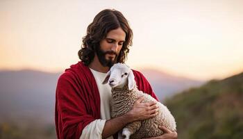Jesus embracing a lamb in a serene landscape artistic portrayal loving expression photo