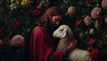 Jesus embracing a lamb in a flourishing garden spiritual connection serene environment photo