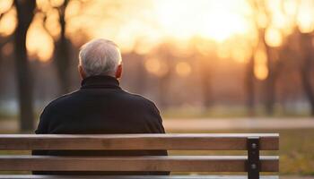 Lonely old man watching sunset on park bench soft golden light serene environment photo
