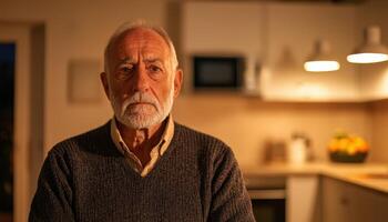 Solitary elderly man in a dimly lit kitchen intimate portrait home environment reflective mood photo