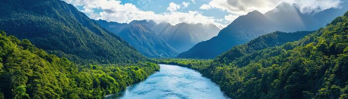 Serene river flowing through vibrant valley landscape nature photography mountain view photo