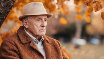 Elderly man sitting under tree surrounded by autumn leaves park portrait tranquil reflective photo