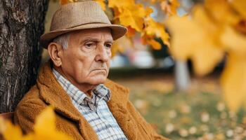 Elderly man sitting under a tree surrounded by autumn leaves park portrait calm environment photo