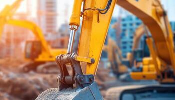 Closeup excavator arm working on construction site urban environment high-quality image photo