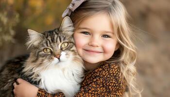 Smiling little girl hugging fluffy cat in natural setting heartwarming portrait photography photo