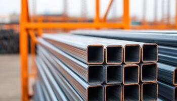 Stacked steel beams with reflective surfaces near scaffolding in industrial setting photo