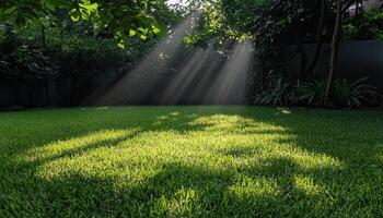 Sunlit backyard garden with trimmed grass relaxing ambience tranquil nature scene photo