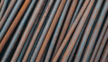 Construction site overview heap of iron rods with textured surface industrial environment close-up photo