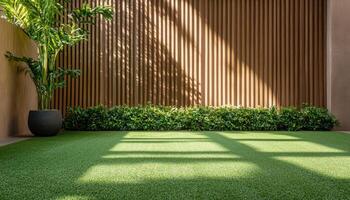Tranquil backyard scene with green grass and shadow patterns outdoor nature daytime aesthetic photo