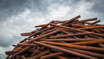 Rusty steel bars under cloudy sky at construction site industrial environment dramatic view photo