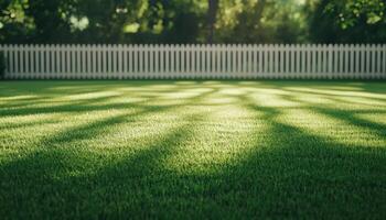 Serene afternoon shadows on an empty backyard lawn nature scene warm atmosphere photo