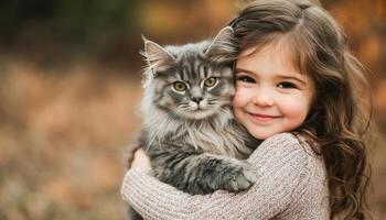 Smiling little girl hugging fluffy cat in soft natural light outdoors photo