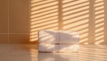 Sunlit rolled towels on bathroom counter elegant decor tranquil setting modern view photo
