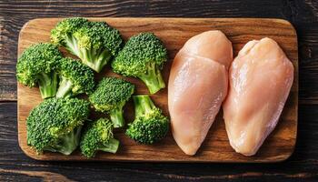 Healthy meal prep steamed broccoli and boiled chicken on rustic wood board photo