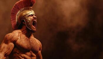 Intense spartan warrior shouting in battle stance ancient battlefield dramatic portrait epic environment photo