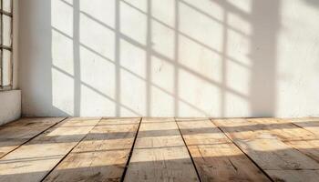 Sunlit raw wooden plank floor with shadows indoor natural light minimalist design photo