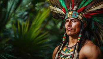 Aztec warrior in traditional feathers and costume jungle setting portrait photography photo
