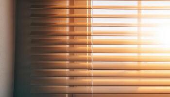 Sunlight through window blinds home interior silhouette patterns warm atmosphere close-up photo