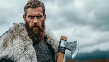 Viking warrior with axe and fur cloak standing on rocky outcrop dramatic landscape heroic perspective photo