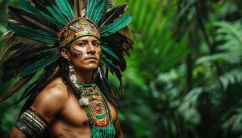 Aztec warrior performing traditional dance jungle setting portrait photography cultural heritage photo