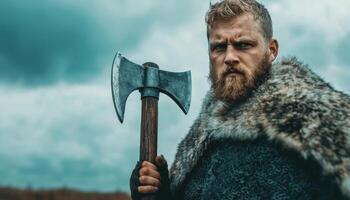 Viking warrior with axe and fur cloak standing on rocky outcrop dramatic landscape portrait photo