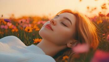 Serene beautiful woman lying in blooming wildflowers nature scene tranquil atmosphere photo