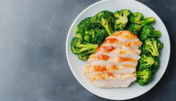 Healthy steamed broccoli and boiled chicken meal kitchen food photography bright setting top view photo