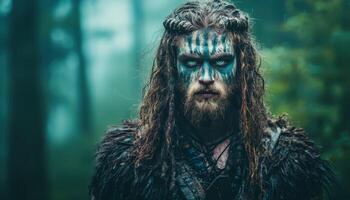 Celtic warrior with painted face in enchanted forest fantasy art mysterious atmosphere photo