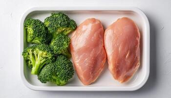 Fresh broccoli florets and juicy boiled chicken breast on a plate culinary delight studio view photo